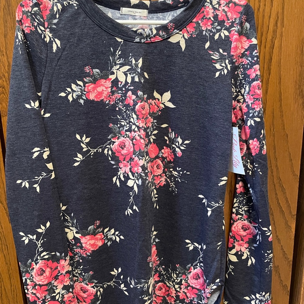 12 Pm By Mon Ami Blue and Pink Floral Long Sleeve Tee